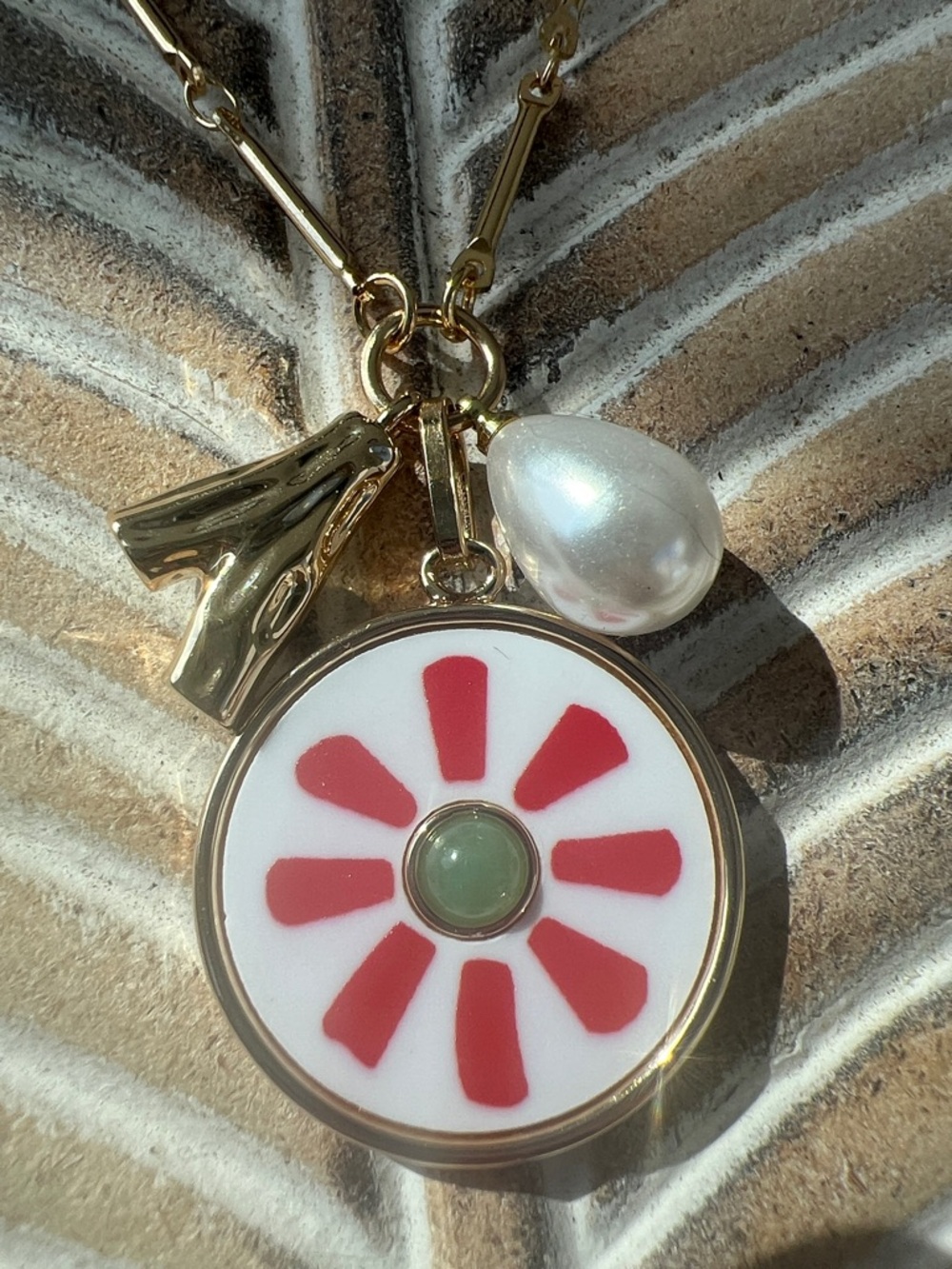 Mayamar 24 Karat Gold Dipped Red Pendant Necklace with Pearl and Gold Charm NEW - Picture 2 of 7